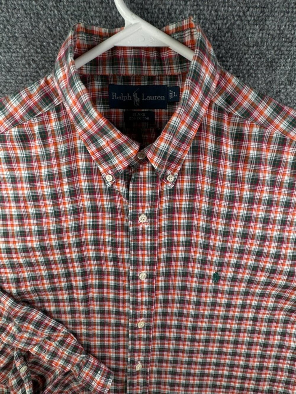 Ralph Lauren Large Blake Cotton Button Up Shirt Plaid Orange Red Green Men